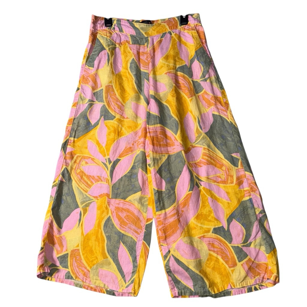 Women's Tahari Yellow Pink Floral Linen Wide Leg Pants L